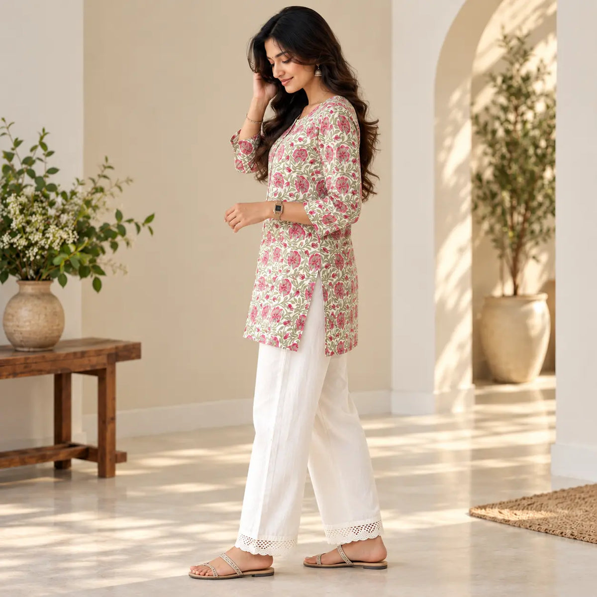 Blush Bloom Floral Poly Cotton Short Kurti for Women