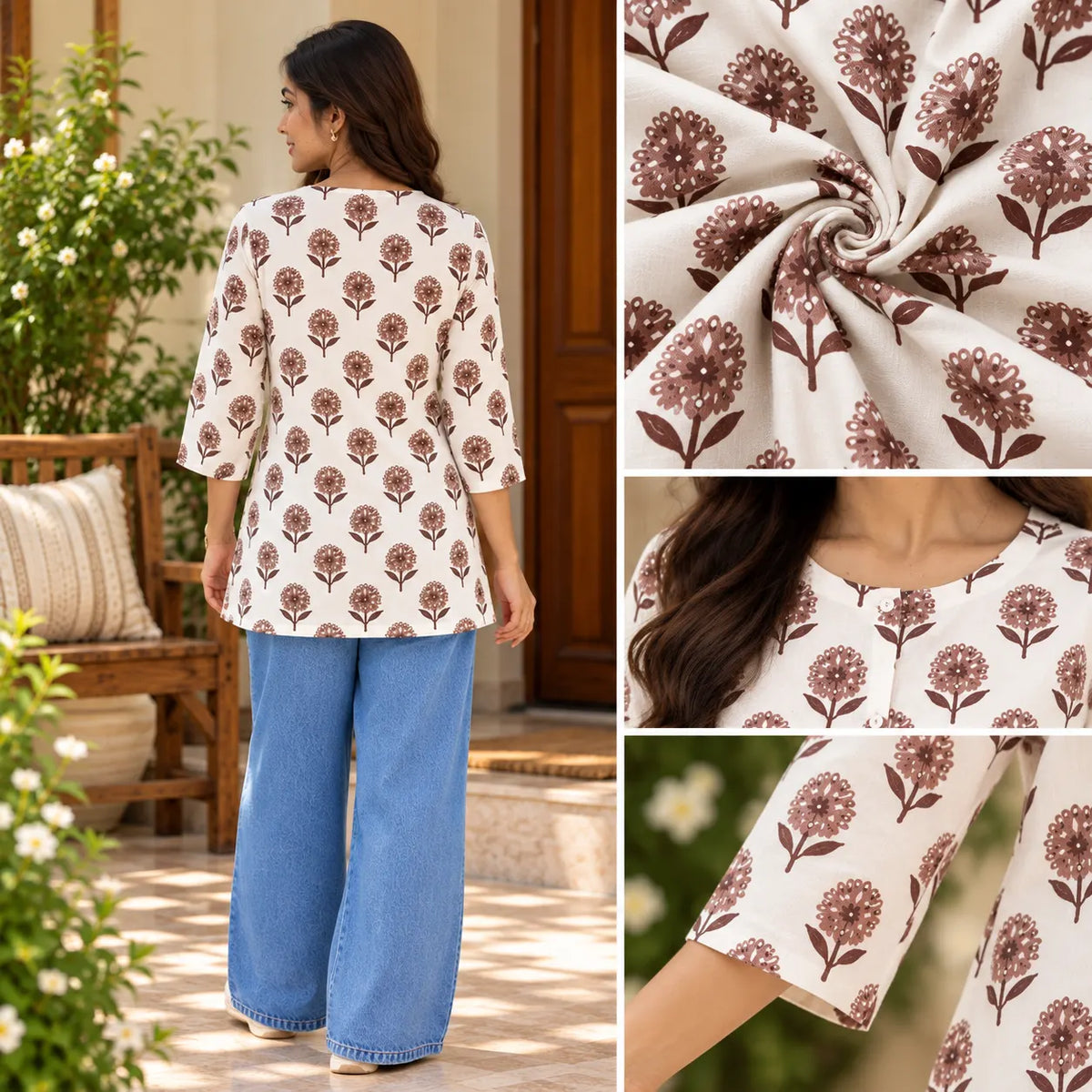 Ivory Bloom Brown Floral Printed Short Kurti for Women