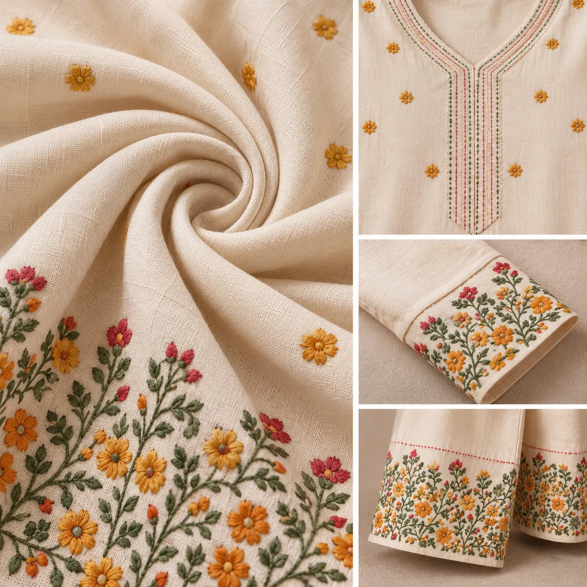 Ivory Khadi Cotton Embroidered Kurti & Palazzo Co-ord Set for Women