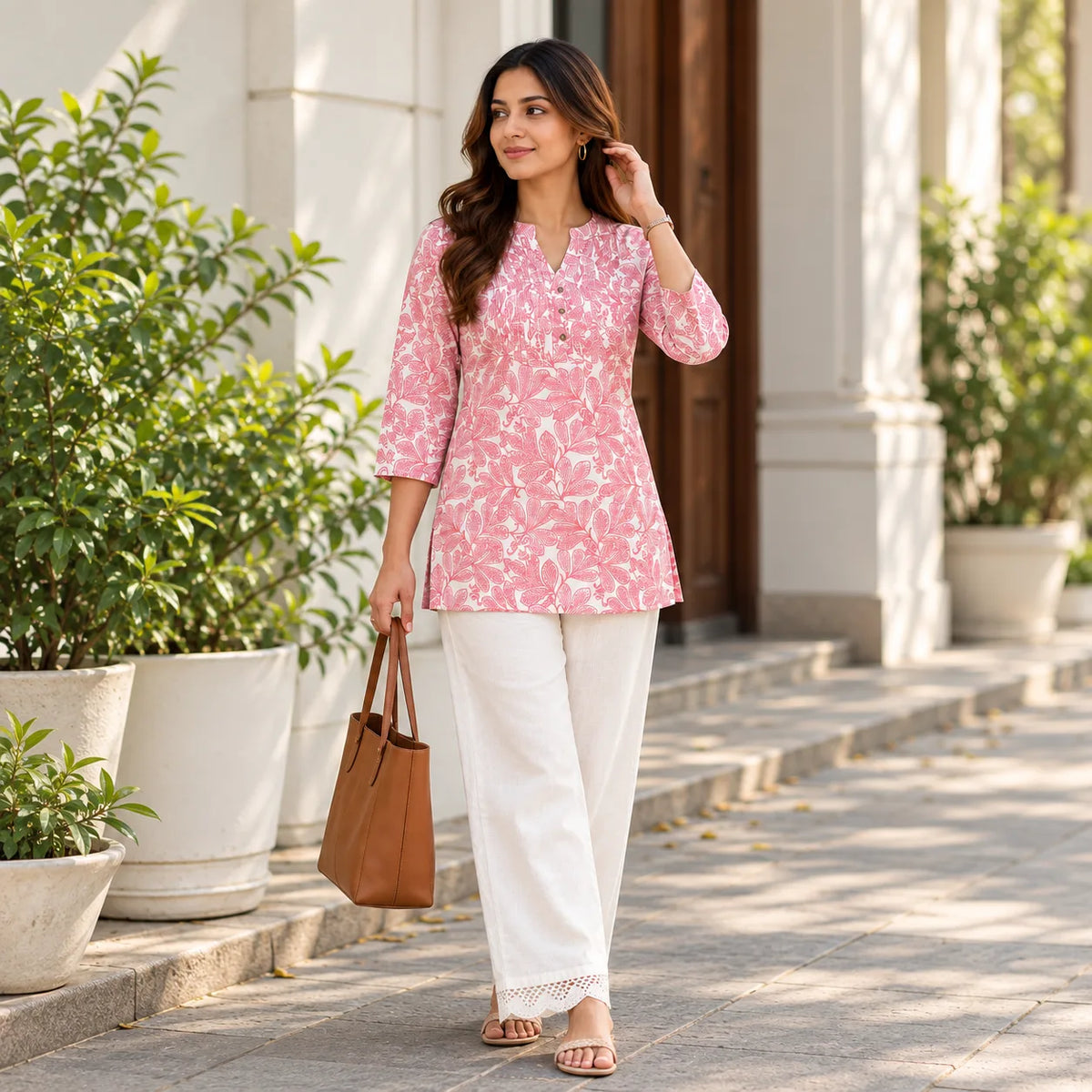 Blush Pink Floral Pintuck Short Kurti for Women