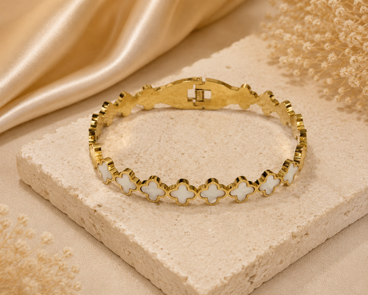 White Flower Gold Bangle Bracelet