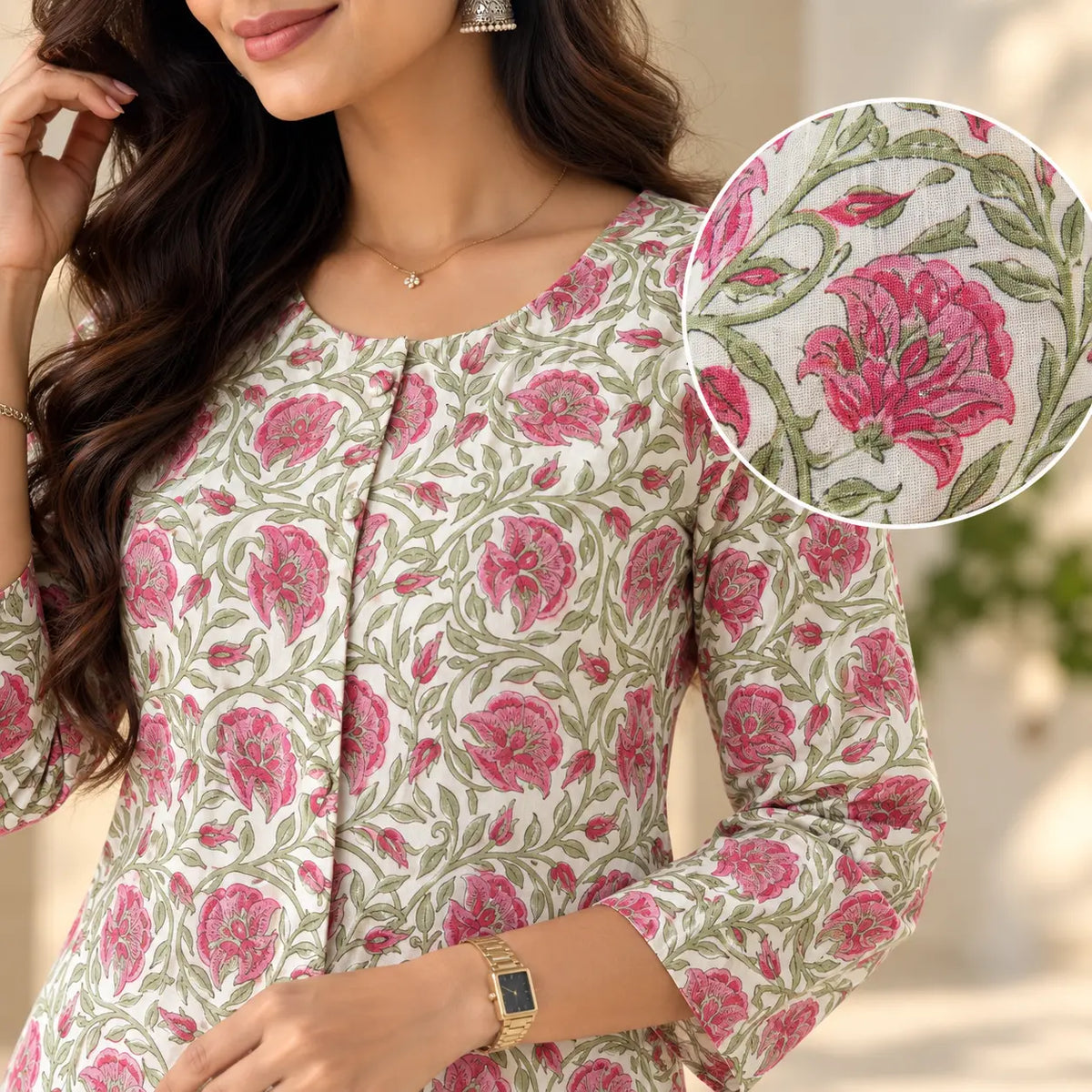 Blush Bloom Floral Poly Cotton Short Kurti for Women
