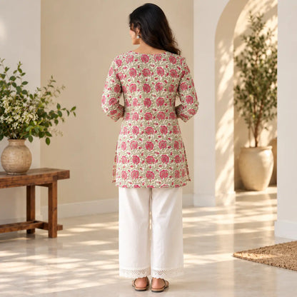 Blush Bloom Floral Poly Cotton Short Kurti for Women