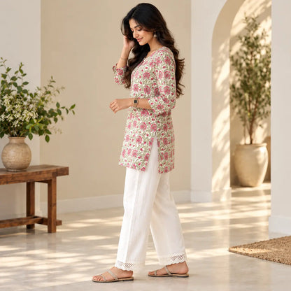 Blush Bloom Floral Poly Cotton Short Kurti for Women