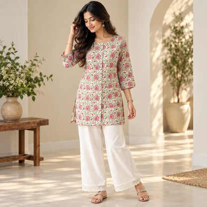 Blush Bloom Floral Poly Cotton Short Kurti for Women
