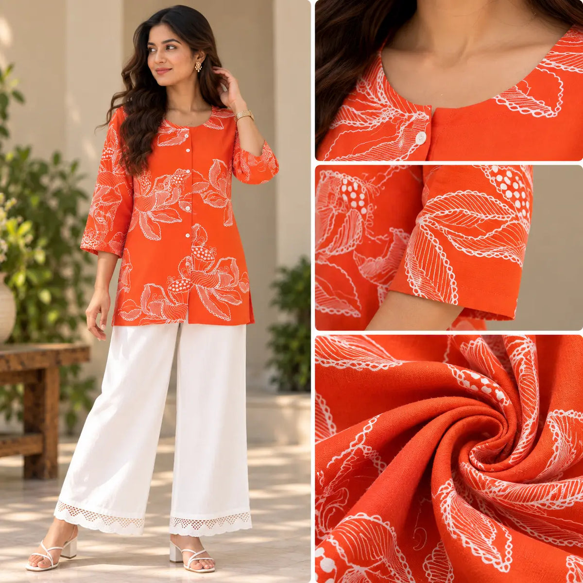 Orange Floral Print Short Kurti for Women