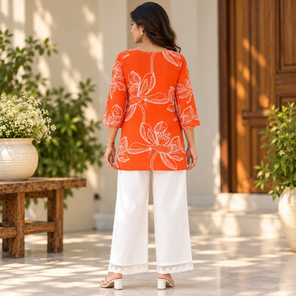 Orange Floral Print Short Kurti for Women
