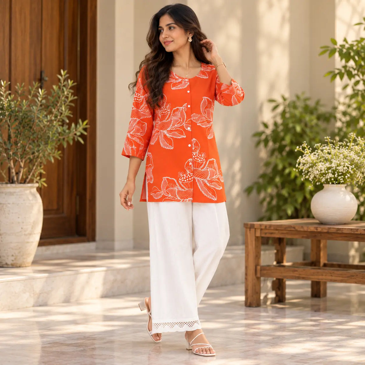 Orange Floral Print Short Kurti for Women