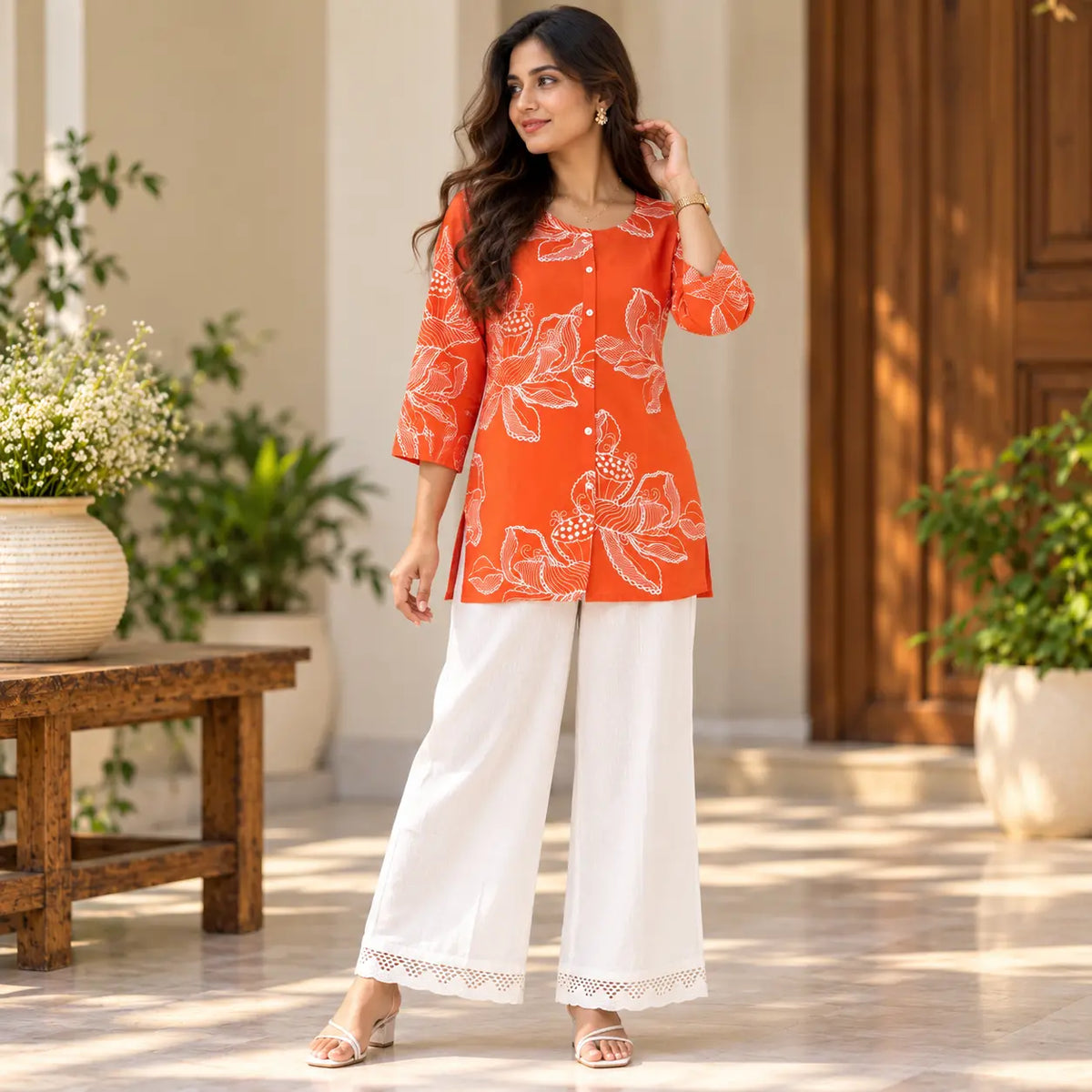 Orange Floral Print Short Kurti for Women