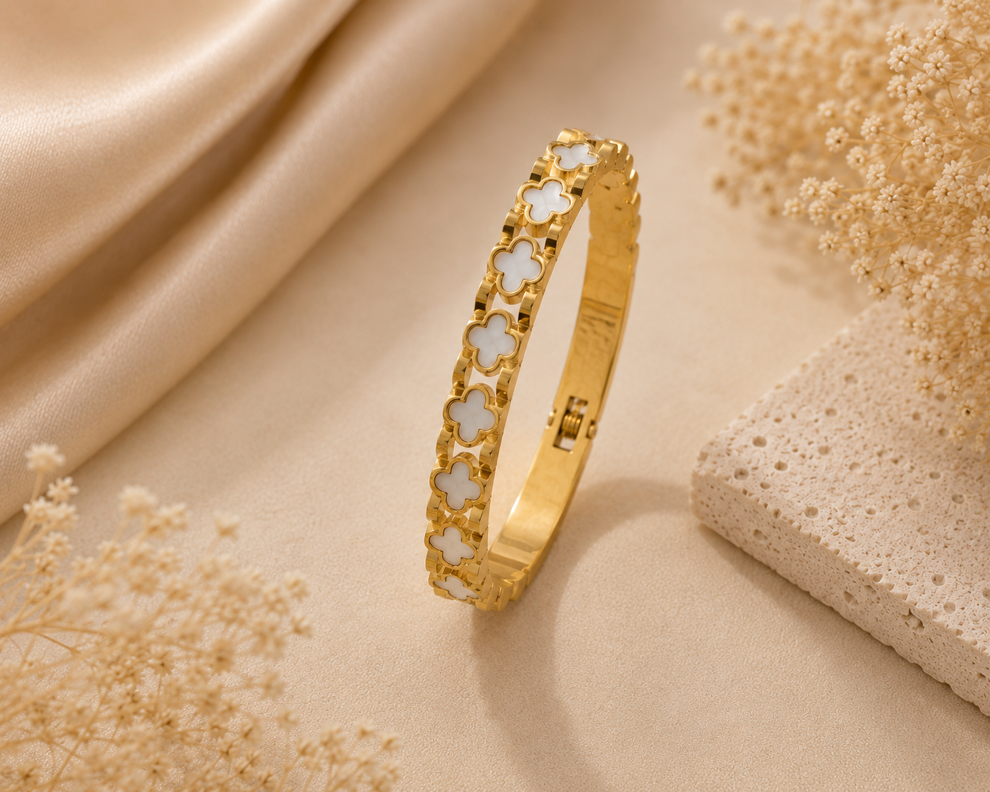 White Flower Gold Bangle Bracelet