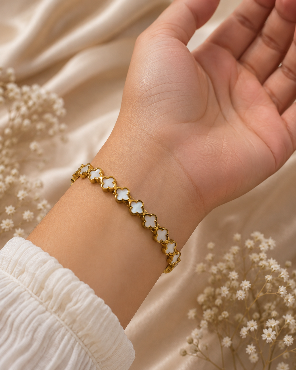 White Flower Gold Bangle Bracelet