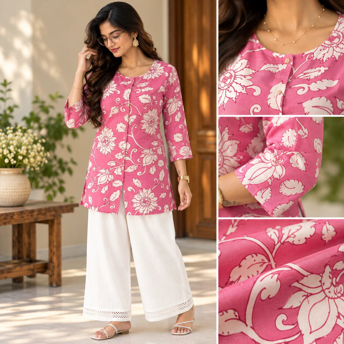 Rose Bloom Pink Floral Printed Short Kurti for Women