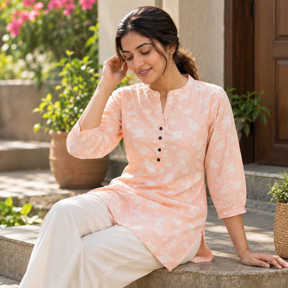 Peach Floral Pure Bamboo Silk Short Kurti for Women