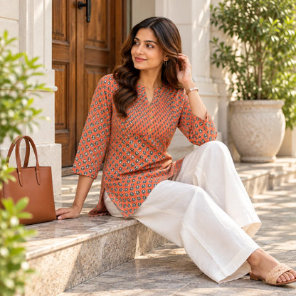 Terracotta Printed Poly Rayon Short Kurti for Women