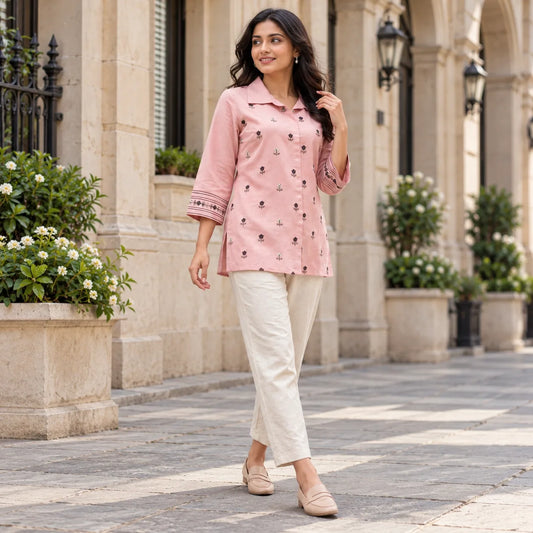Dusty Pink Shimmer Rayon Embroidered Short Kurti for Women