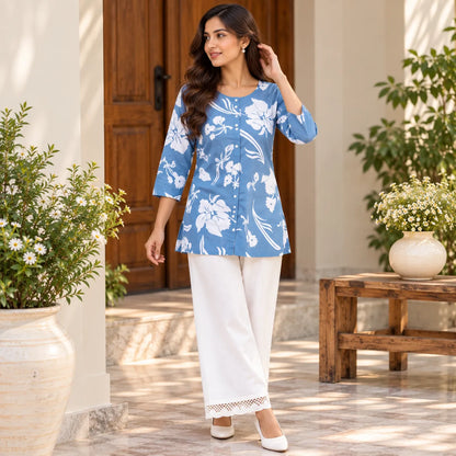 Sky Bloom Blue Floral Printed Short Kurti for Women