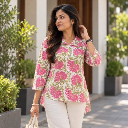 Pink Floral Printed Poly Rayon High-Low Short Kurti for Women