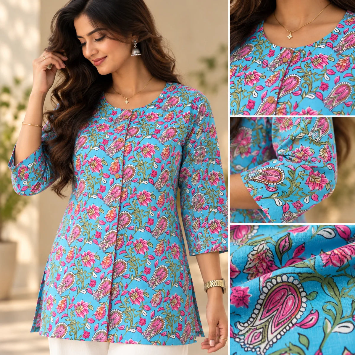 Aqua Bloom Printed Short Kurti for Women