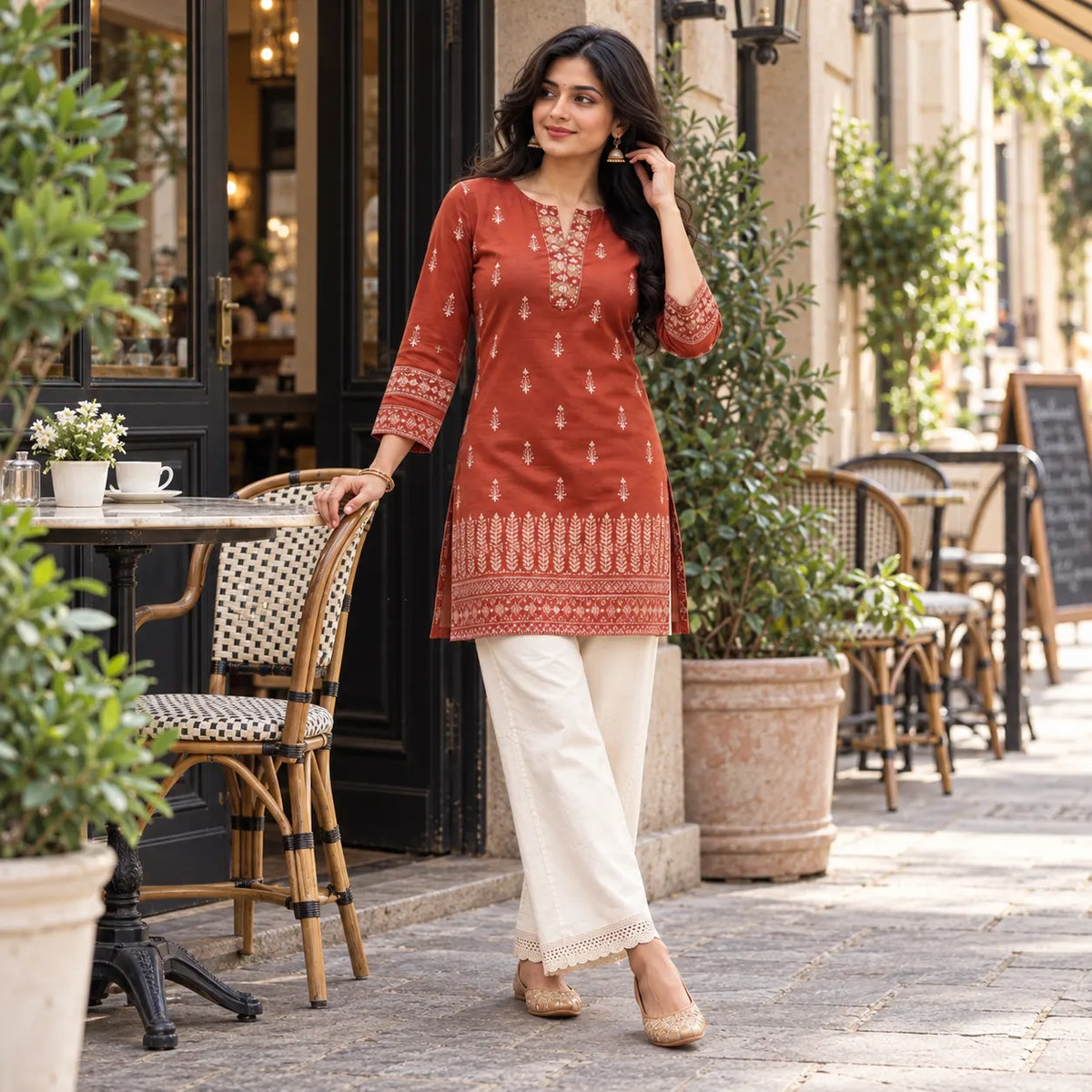Rust Dabu Print Cotton Short Kurti for Women