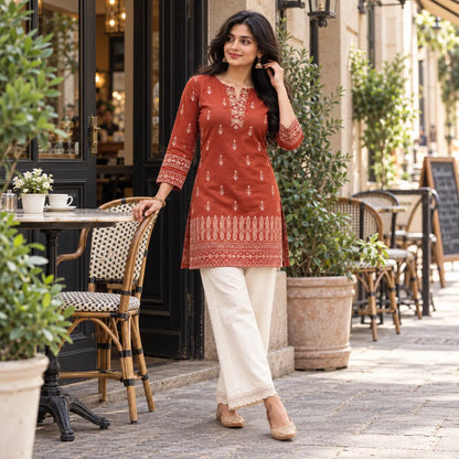Rust Dabu Print Cotton Short Kurti for Women