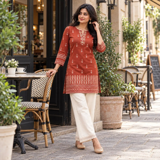 Rust Dabu Print Cotton Short Kurti for Women