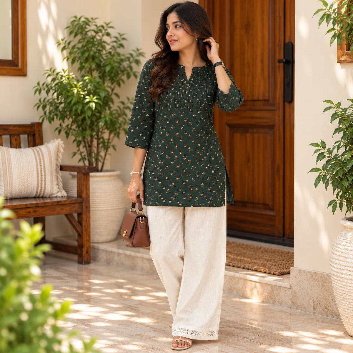Emerald Grace Pintuck Printed Short Kurti for Women