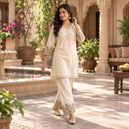 Ivory Khadi Cotton Embroidered Kurti & Palazzo Co-ord Set for Women