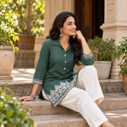Forest Green Handloom Cotton Embroidered Short Kurti for Women