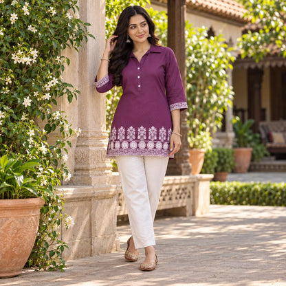 Plum Purple Handloom Cotton Embroidered Short Kurti for Women