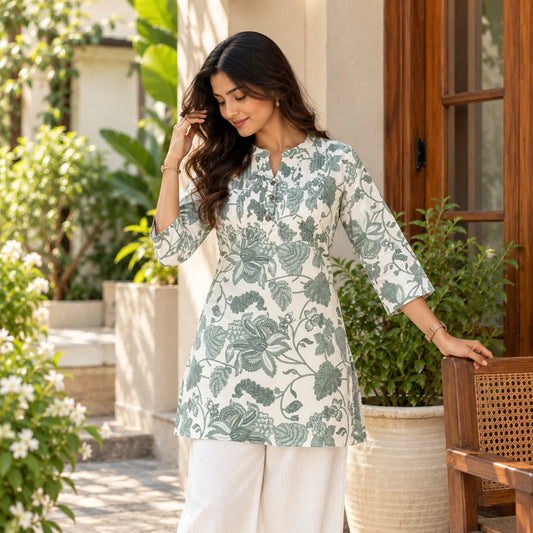 Sage Bloom Green Floral Pintuck Short Kurti for Women