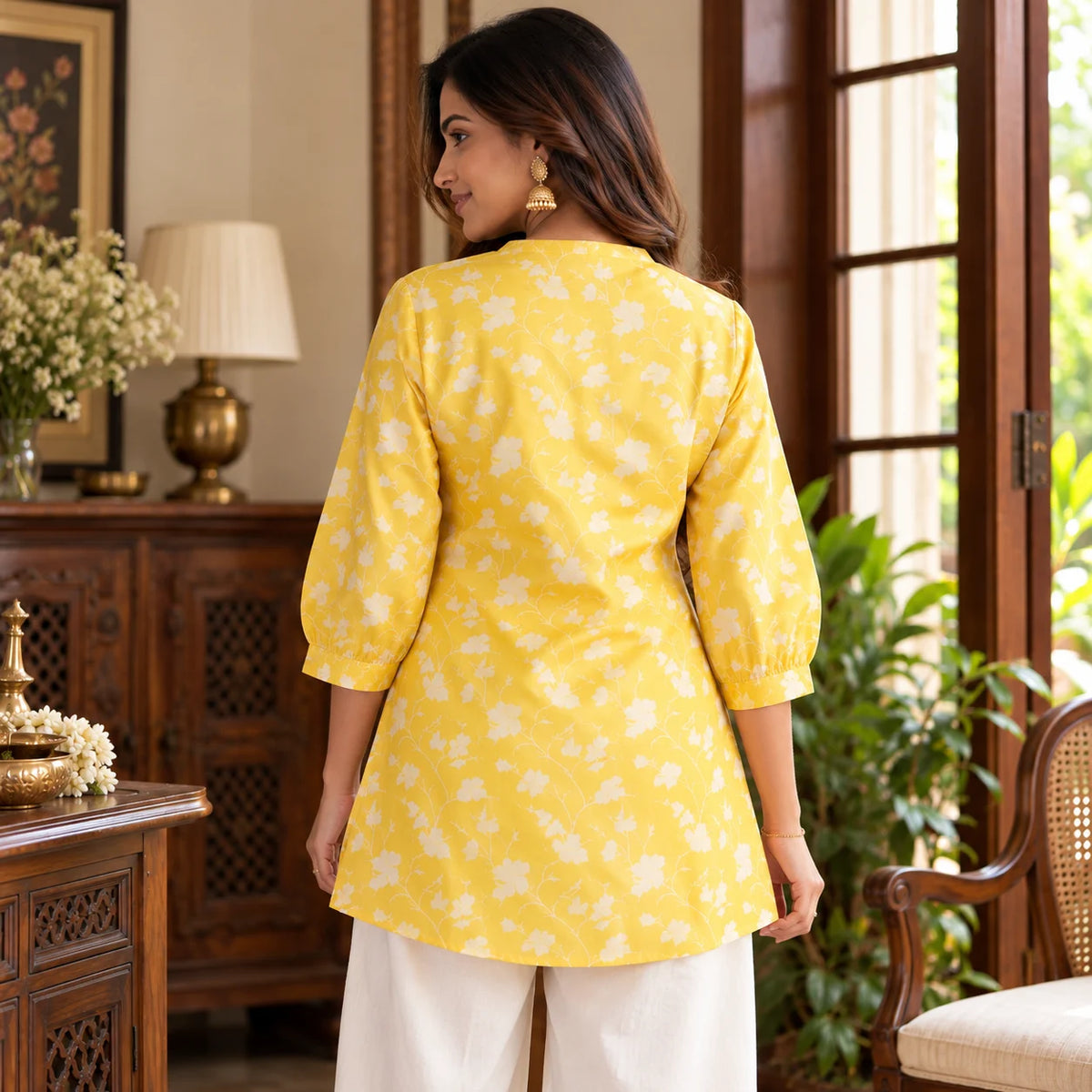Sunshine Yellow Floral Bamboo Silk Short Kurti for Women