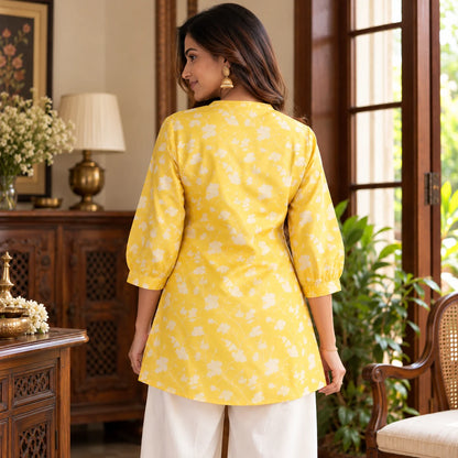 Sunshine Yellow Floral Bamboo Silk Short Kurti for Women