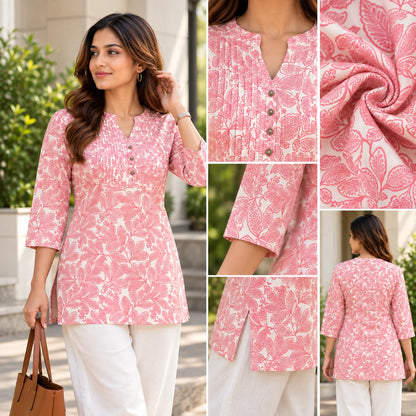 Blush Pink Floral Pintuck Short Kurti for Women