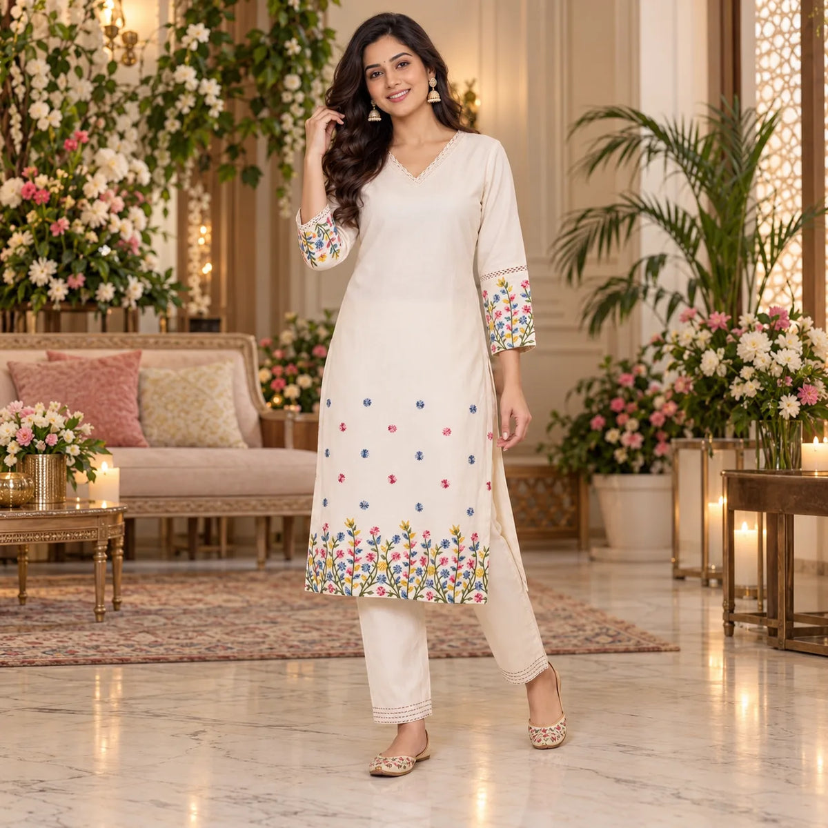 Ivory Floral Embroidered Flex Cotton Co-ord Set for Women