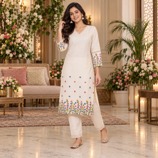 Ivory Floral Embroidered Flex Cotton Co-ord Set for Women