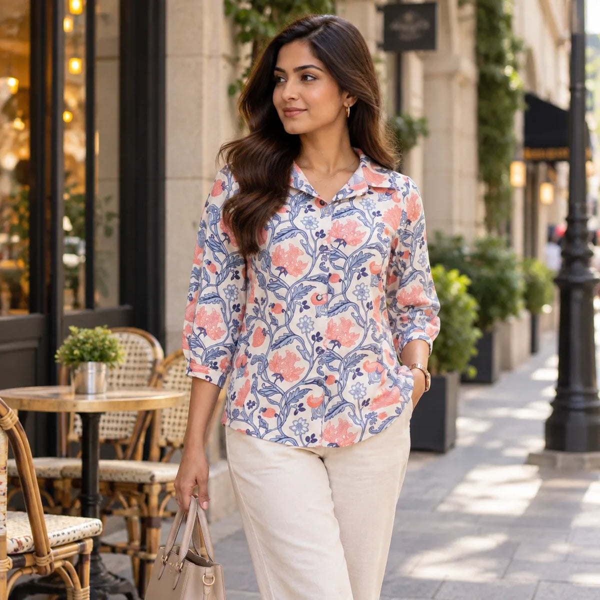 Floral Print Poly Rayon Short Kurti for Women – Peach & Blue