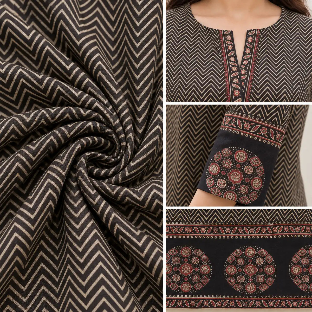 Black Chevron Printed Short Kurti for Women