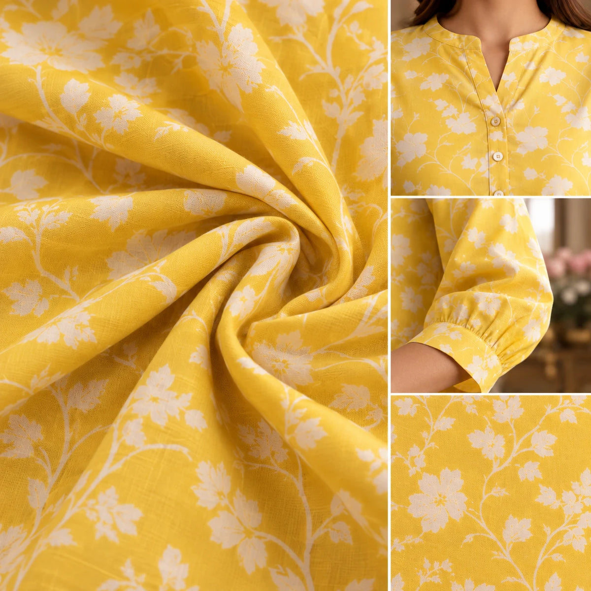 Sunshine Yellow Floral Bamboo Silk Short Kurti for Women