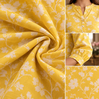 Sunshine Yellow Floral Bamboo Silk Short Kurti for Women