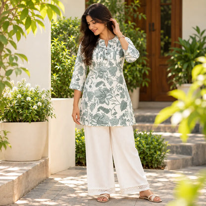Sage Bloom Green Floral Pintuck Short Kurti for Women