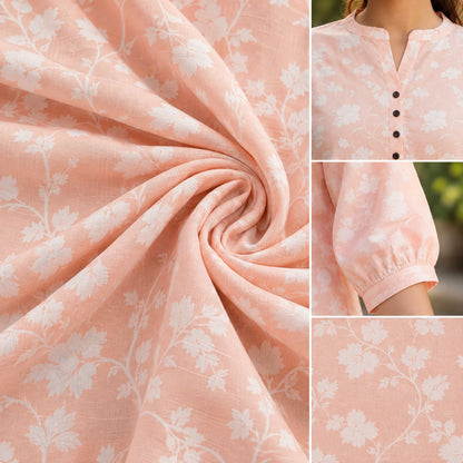 Peach Floral Pure Bamboo Silk Short Kurti for Women
