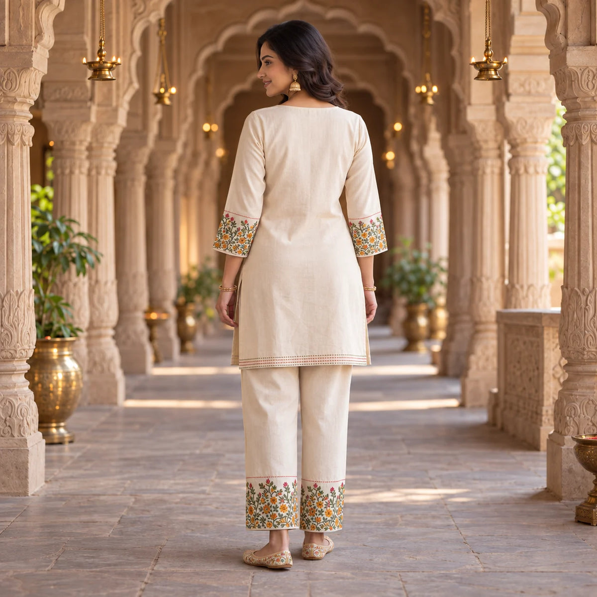 Ivory Khadi Cotton Embroidered Kurti & Palazzo Co-ord Set for Women