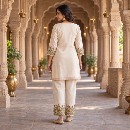 Ivory Khadi Cotton Embroidered Kurti & Palazzo Co-ord Set for Women