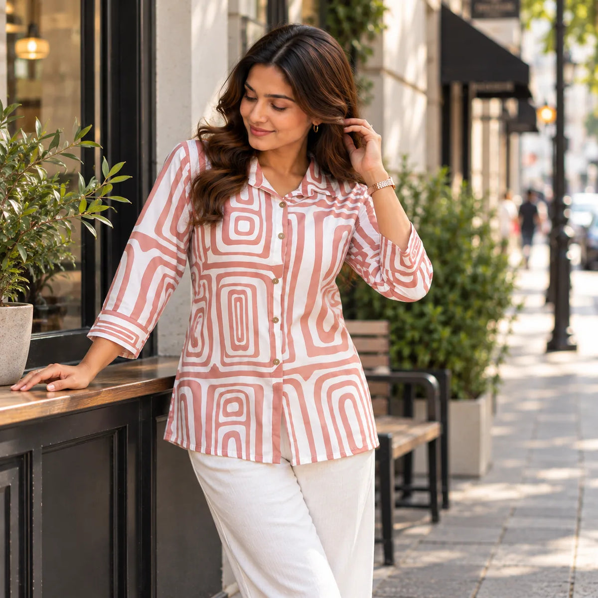Dusty Rose Geometric Print Poly Rayon Short Kurti for Women