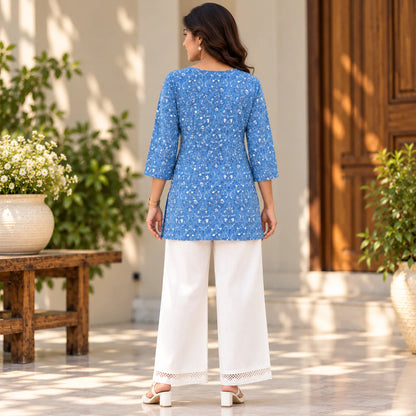 Blue Bloom Floral Printed Short Kurti for Women