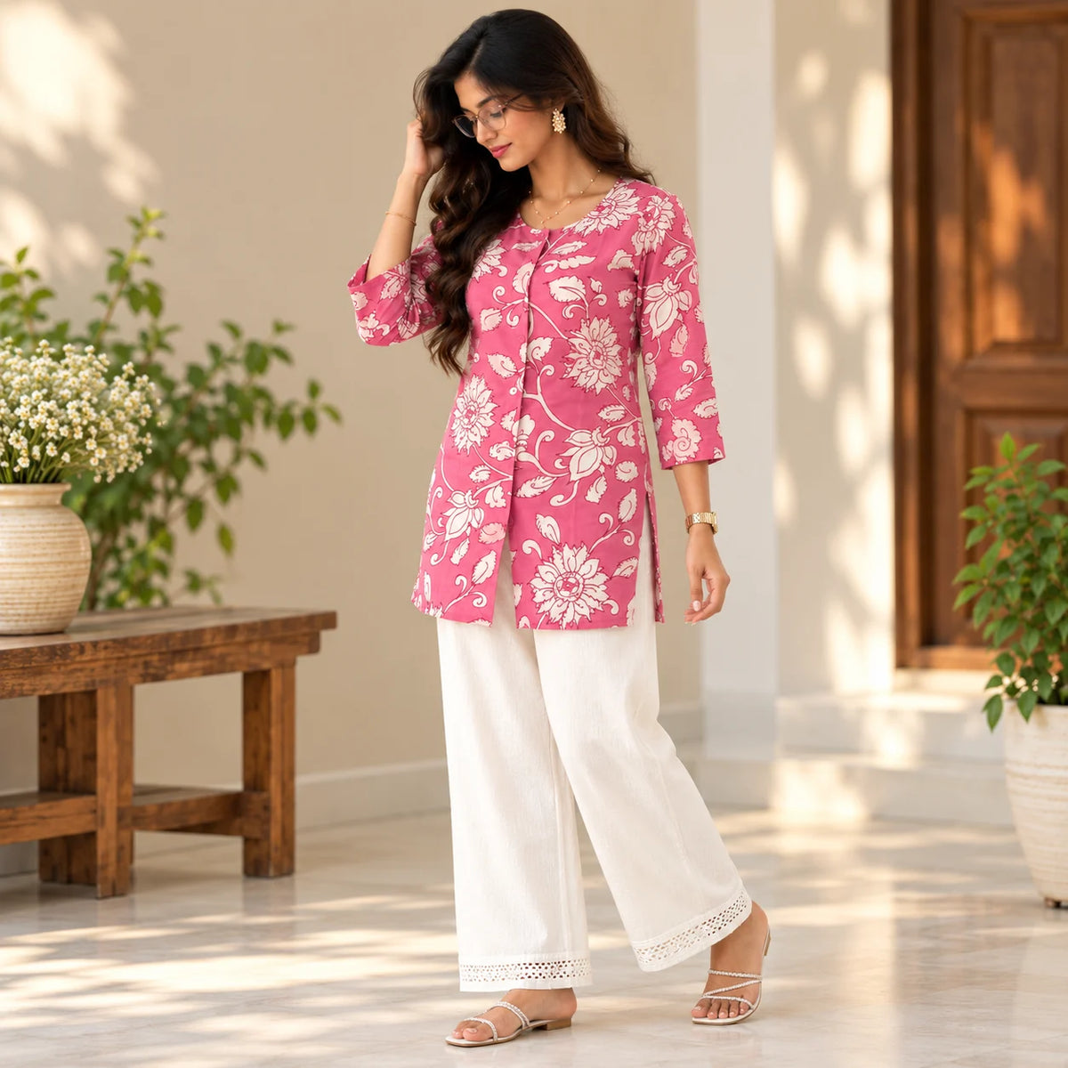 Rose Bloom Pink Floral Printed Short Kurti for Women
