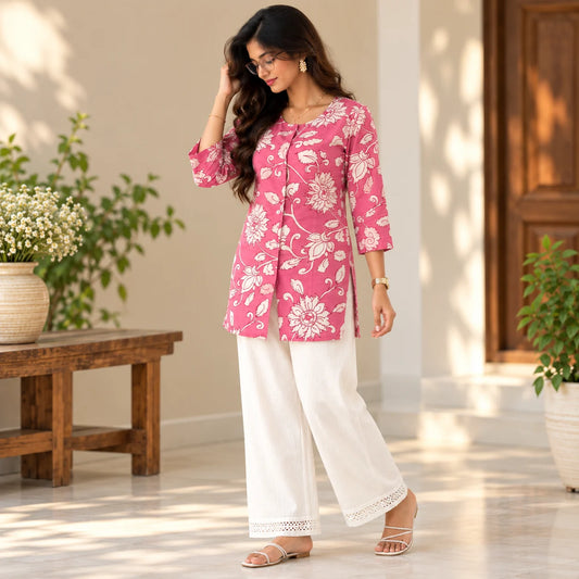 Rose Bloom Pink Floral Printed Short Kurti for Women