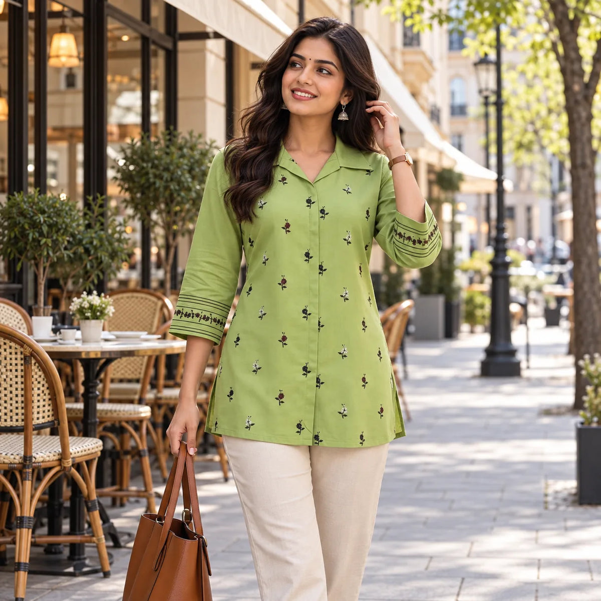 Pista Green Shimmer Rayon Embroidered Short Kurti for Women