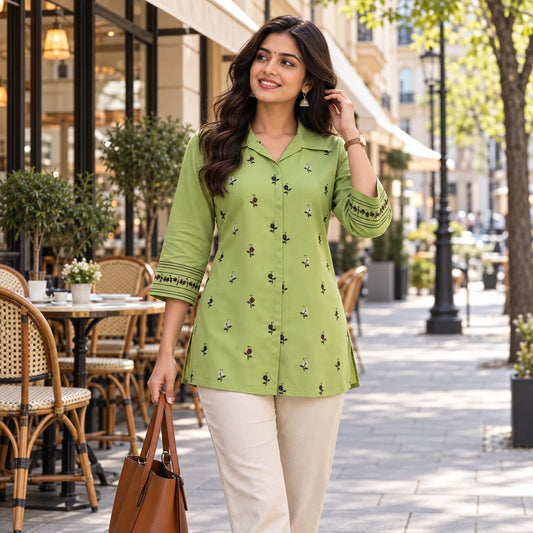 Pista Green Shimmer Rayon Embroidered Short Kurti for Women