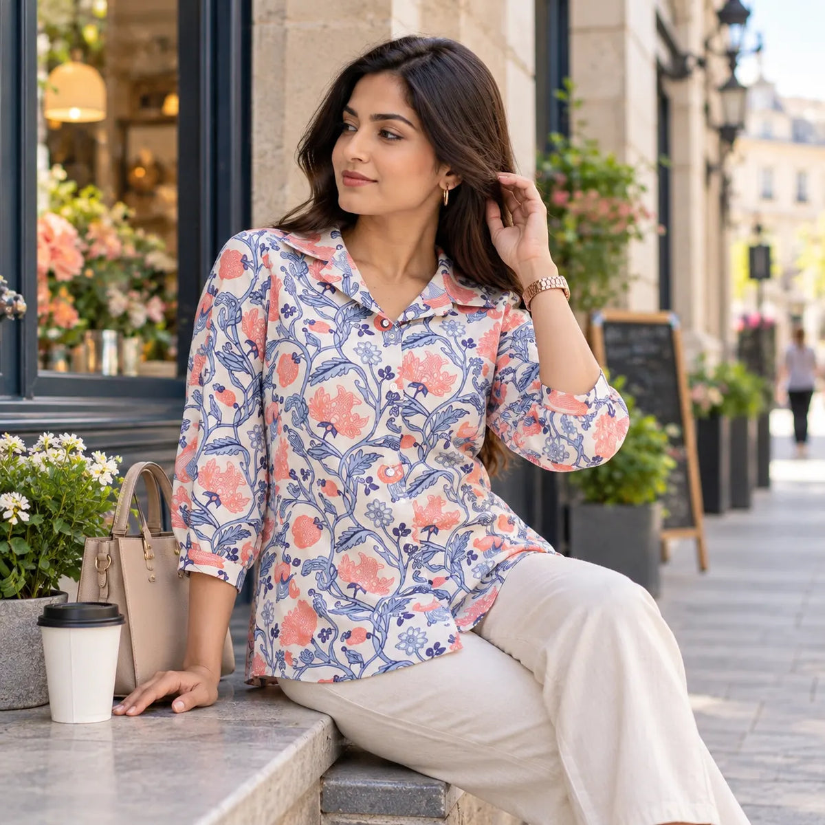 Floral Print Poly Rayon Short Kurti for Women – Peach & Blue